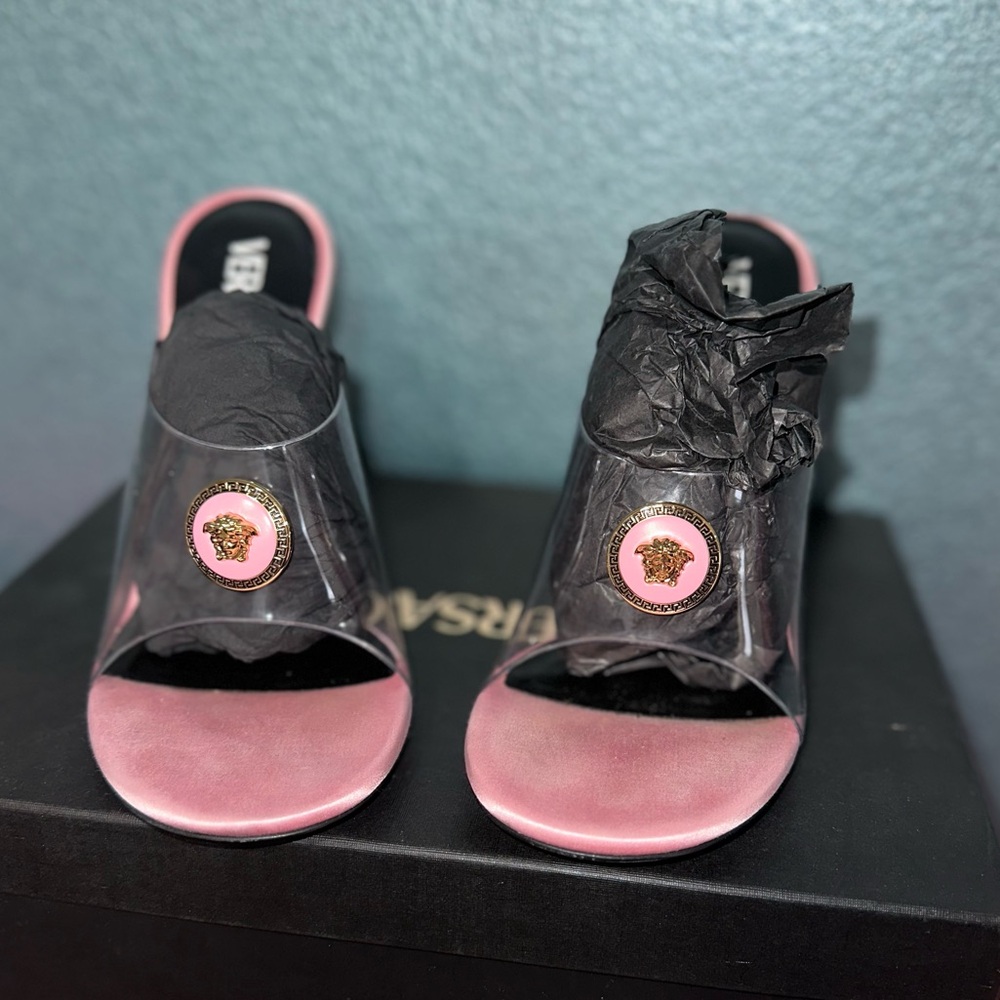 Versace Pink Heeled Mules with Medusa Detail